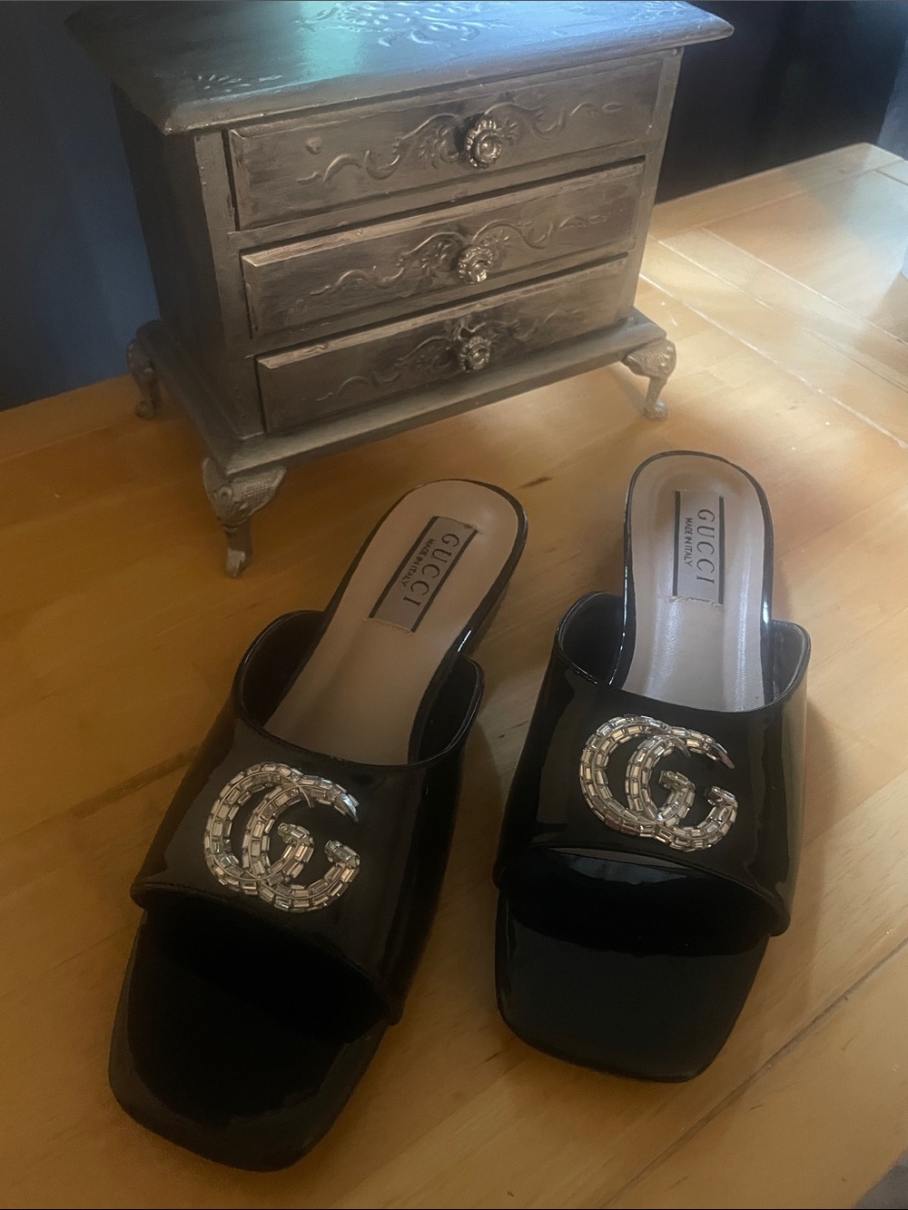 Black Patent Leather Crystal GG Slide Mules - Elegant Slip-On Sandals